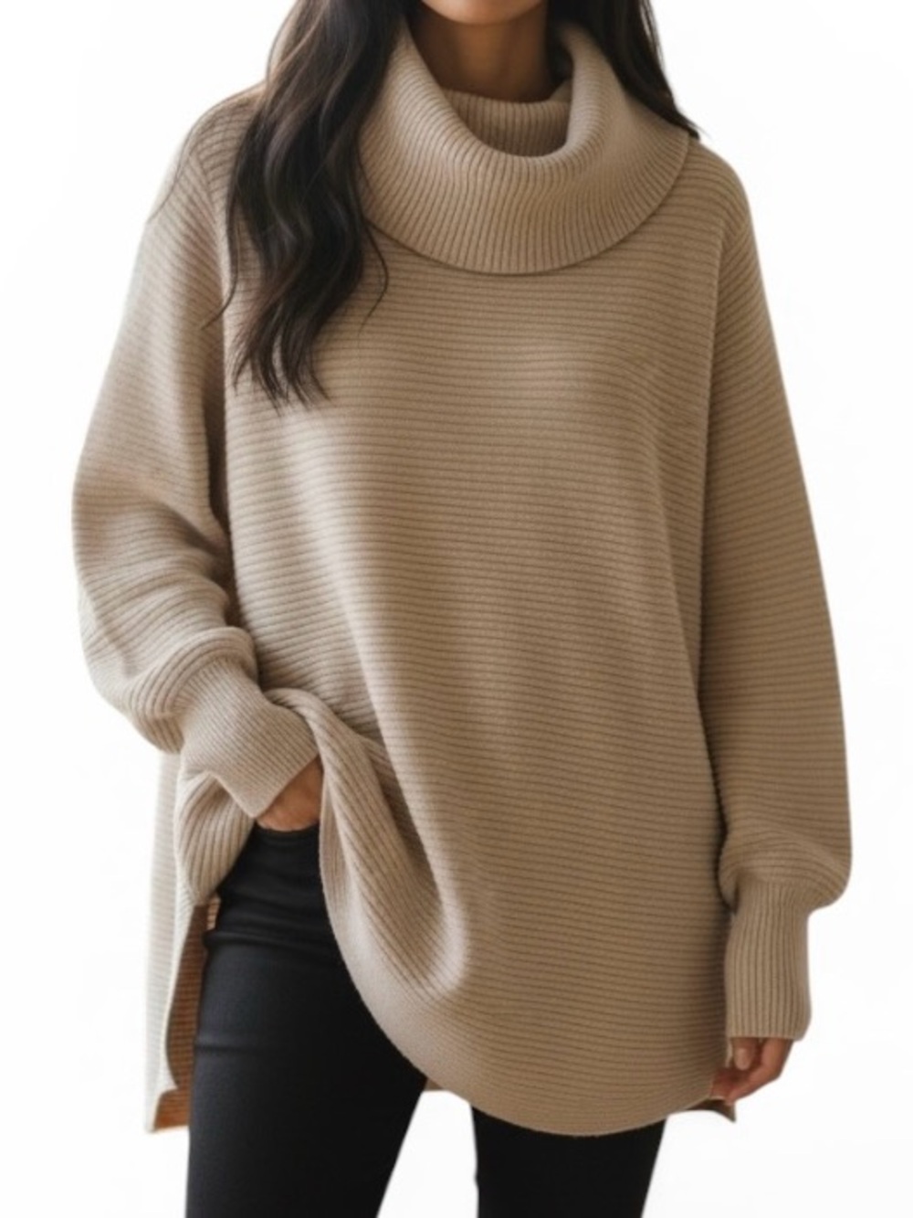 NWT Cyrus Beige Cowl Neck Soft Knit Ribbed Tunic Sweater 1X